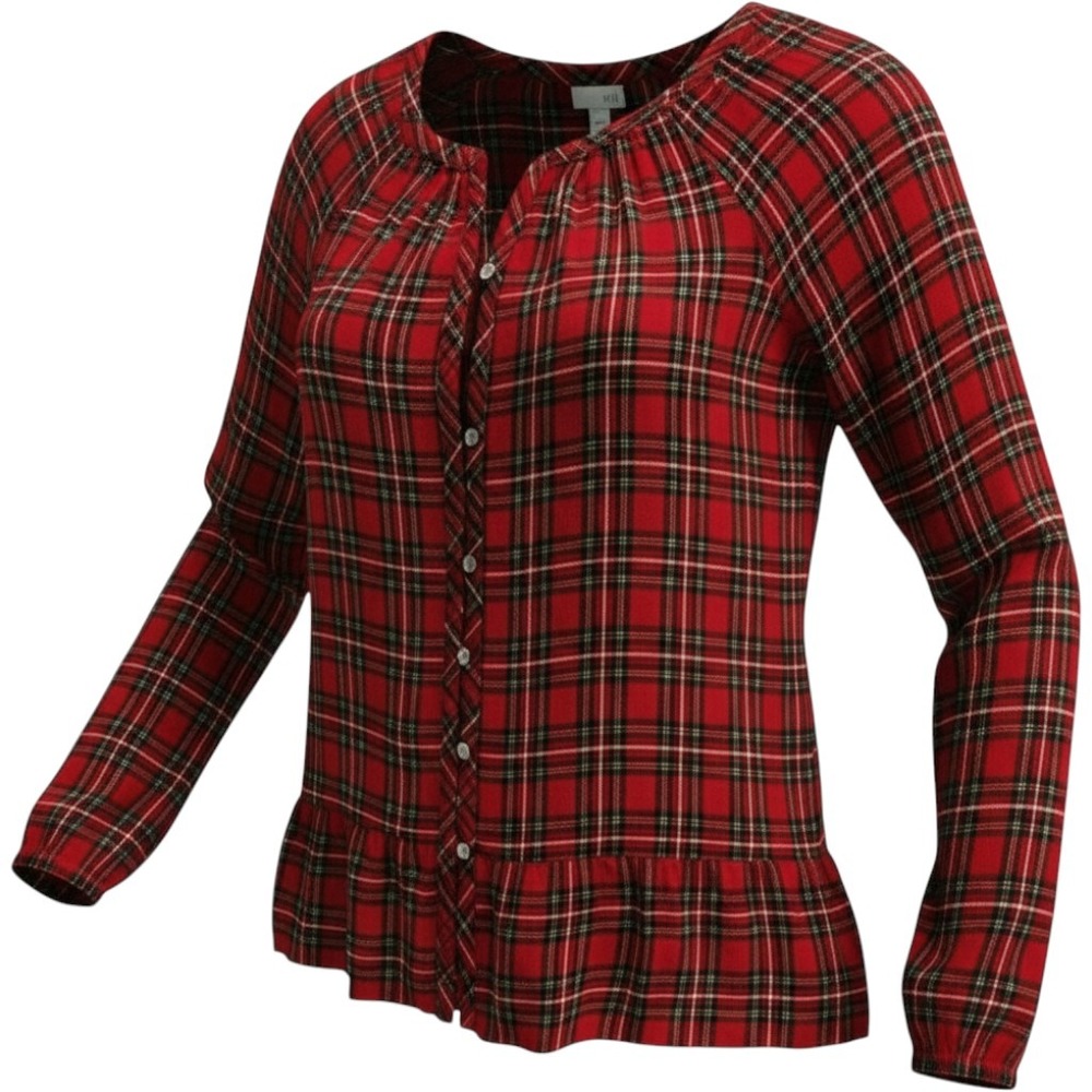J Jill Sz S Christmas Tartan Top Long Sleeve Button Front Holiday